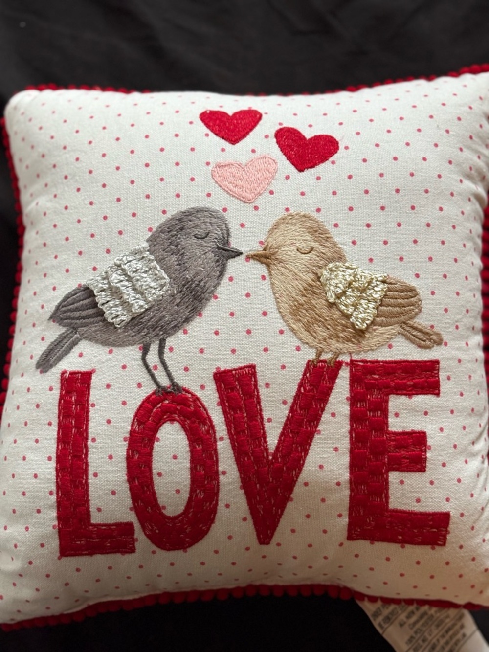 Embroidered LOVE Bird Accent Pillow - Red, Gray, Tan
